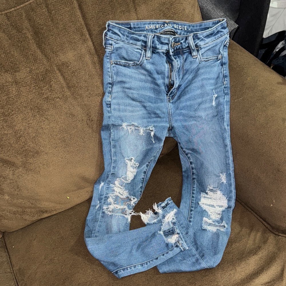 American Eagle Outfitters Women's Light Blue Distressed Stretch Skinny Jeans